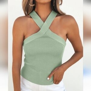 BRAVE SOUL Ribbed Halter Neck Top Sage Mint. Size Small